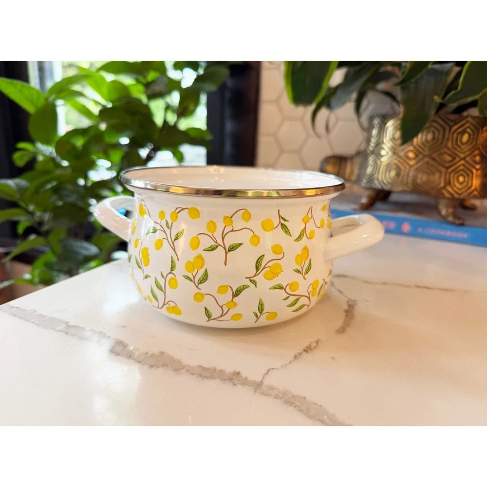 Crofton Enameled Steel‎ Casserole Dish Lemon Pattern Oven Safe 500F White Yellow